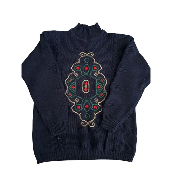 Vtg 80s Liz Claiborne Navy Merino Wool Tyrolean Cross Stitch Film Art Sweater SP - Picture 1 of 12